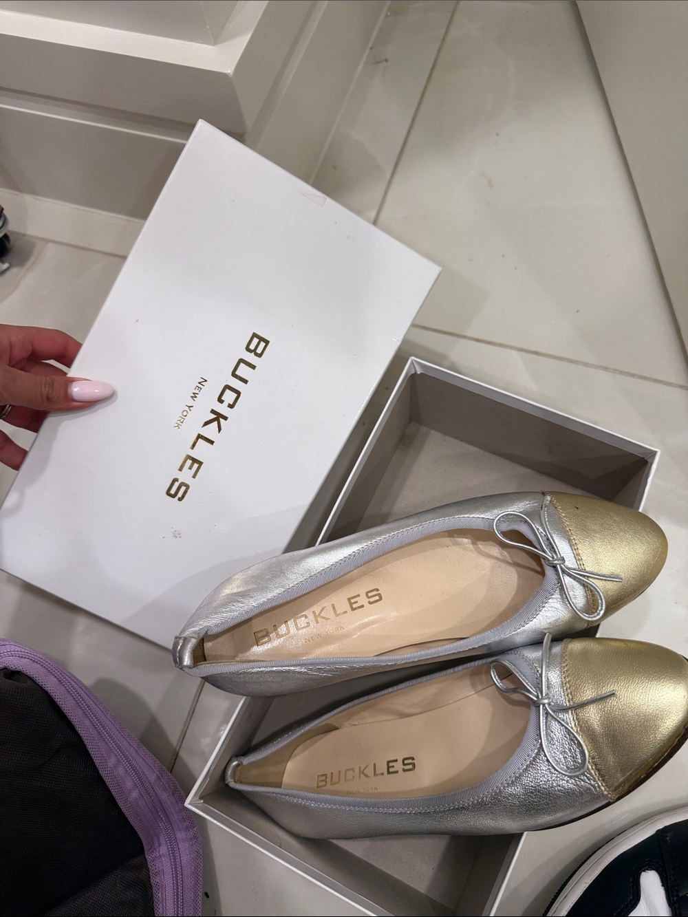 Buckle Silver Flats with Gold Toe Cap and Bow